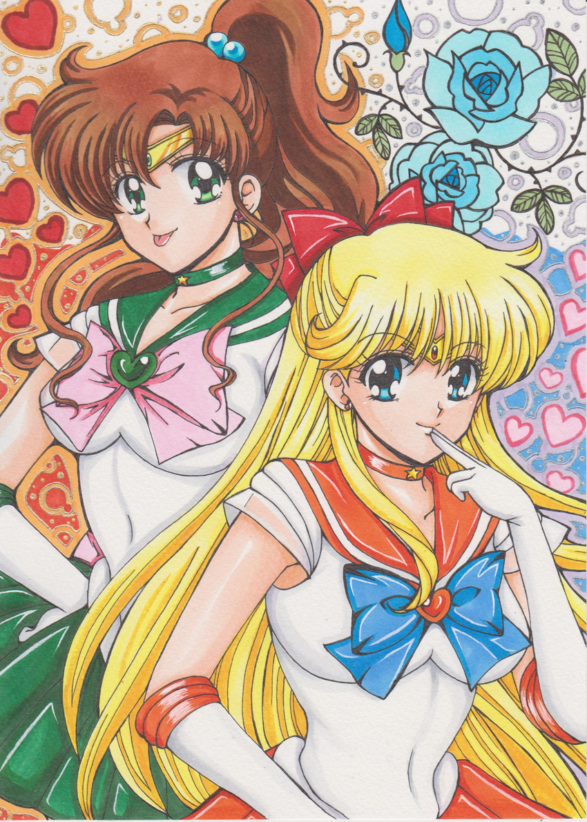 aino_minako bishoujo_senshi_sailor_moon blonde_hair breasts brown_hair highres kino_makoto kodansha long_hair ponytail rascal_(n119) sailor_jupiter sailor_venus skirt tongue