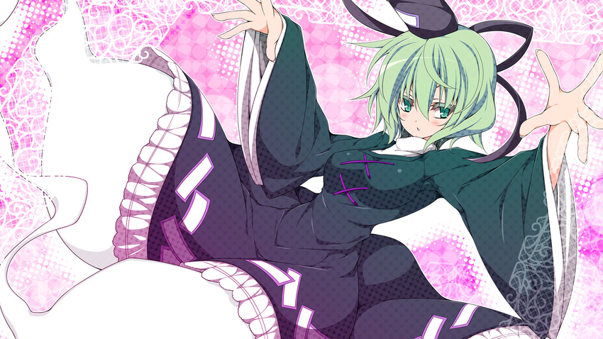 dress ghost_tail green_dress green_eyes green_hair hat highres long_sleeves open_mouth outstretched_hand sakurame short_hair soga_no_tojiko solo tate_eboshi touhou wide_sleeves