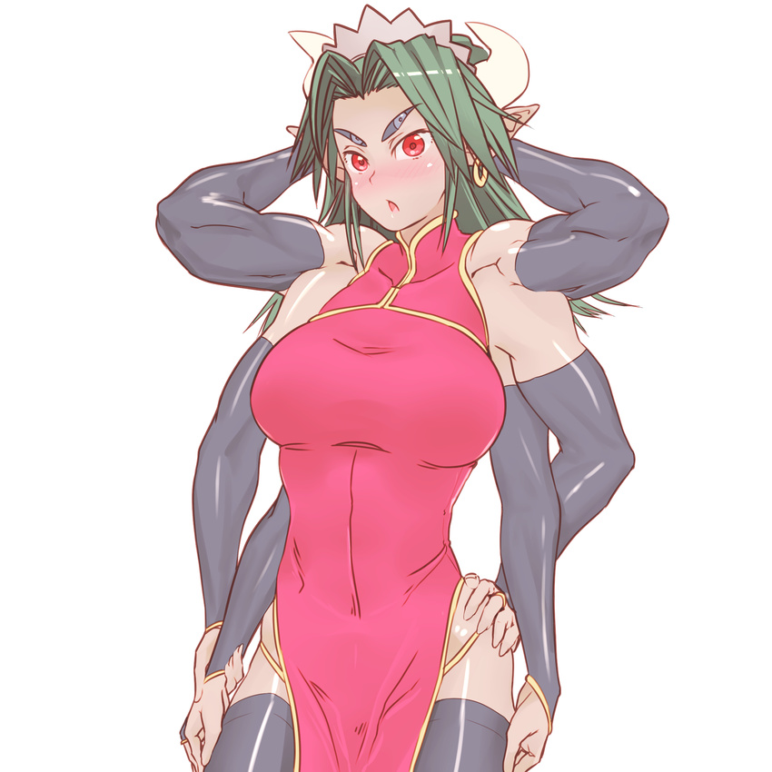 arms_behind_head black_sclera blush china_dress chinese_clothes dark_skin dress earrings elbow_gloves extra_eyes gloves green_hair grey_eyes hands_on_hips headband highres horns jewelry monster_girl multi_arm multi_limb multiple_eyes muscle open_mouth pointy_ears red_eyes shiyuu-san