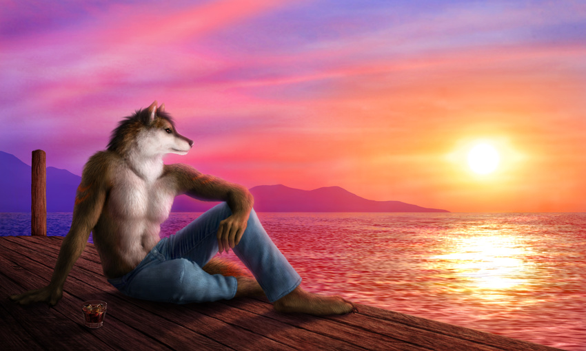 alcohol anarchyzeroes anthro beverage canine dock jocarra male mammal solo sunset topless