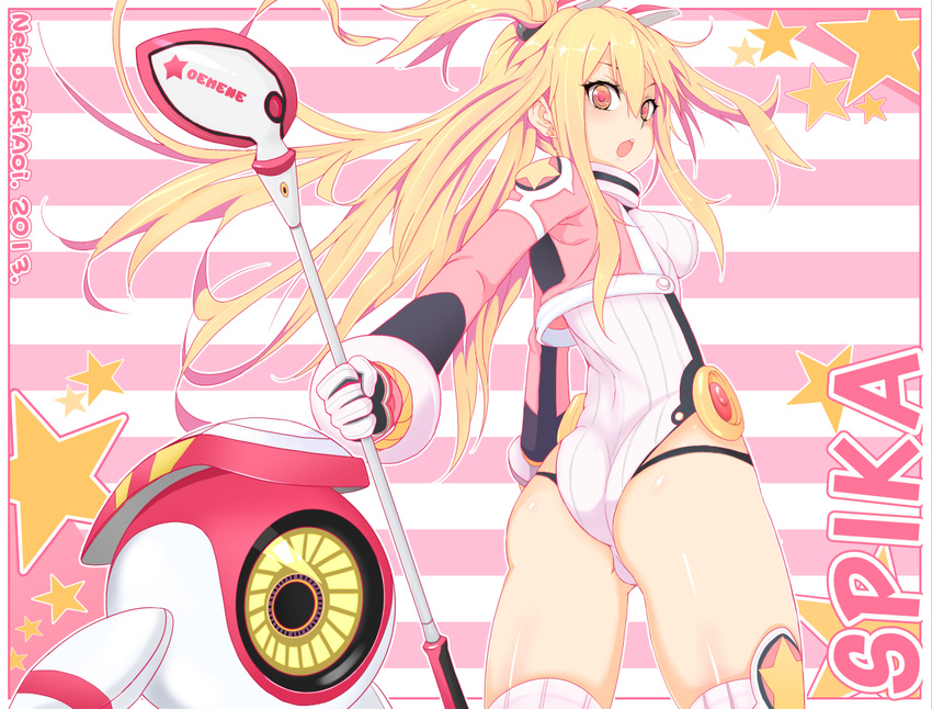 ass blonde_hair breasts cropped_jacket earrings from_behind gloves golf_club hair_ornament jacket jewelry leotard long_hair looking_at_viewer looking_back medium_breasts nekosaki open_mouth pangya robot skin_tight solo spika_(pangya) thighhighs white_legwear yellow_eyes