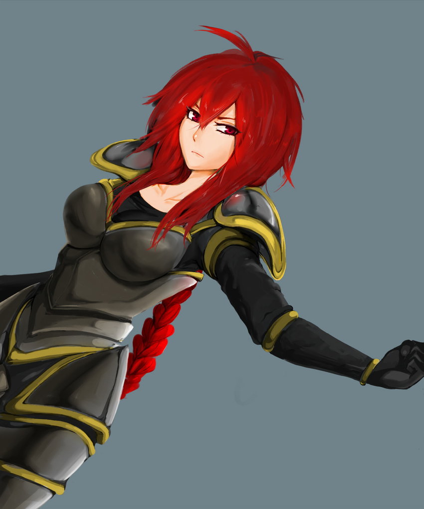 ahoge armor black_gloves braid breastplate breasts full_armor gloves grey_background highres ironscale_shyvana league_of_legends long_hair medium_breasts pauldrons red_eyes red_hair scofa shyvana single_braid solo