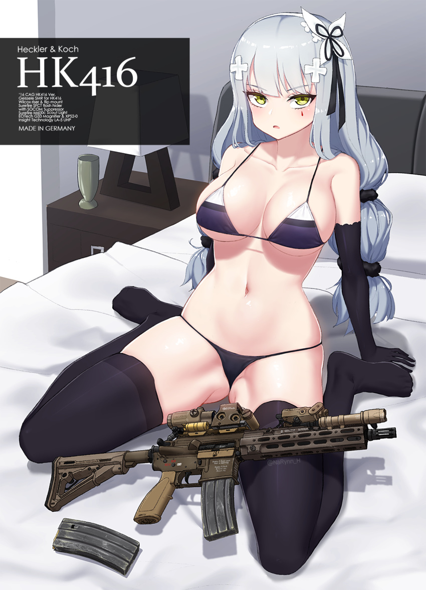 1girl arm_support ass_visible_through_thighs assault_rifle bangs bare_shoulders bikini black_bikini black_gloves black_legwear black_ribbon black_scrunchie blanket blush breasts breasts_apart character_name collarbone commentary cross_hair_ornament elbow_gloves eyebrows_visible_through_hair facial_mark full_body girls_frontline gloves green_eyes gun hair_ornament hair_ribbon hair_scrunchie heckler_&amp;_koch highres hk416 hk416_(girls_frontline) indoors lamp large_breasts long_hair looking_at_viewer low_twintails magazine_(weapon) narynn navel no_shoes on_bed parted_lips partially_visible_vulva pillow ribbon rifle sanpaku scope scrunchie shadow sidelocks silver_hair sitting skindentation solo stomach swimsuit table thighhighs twintails v-shaped_eyebrows vase wariza weapon