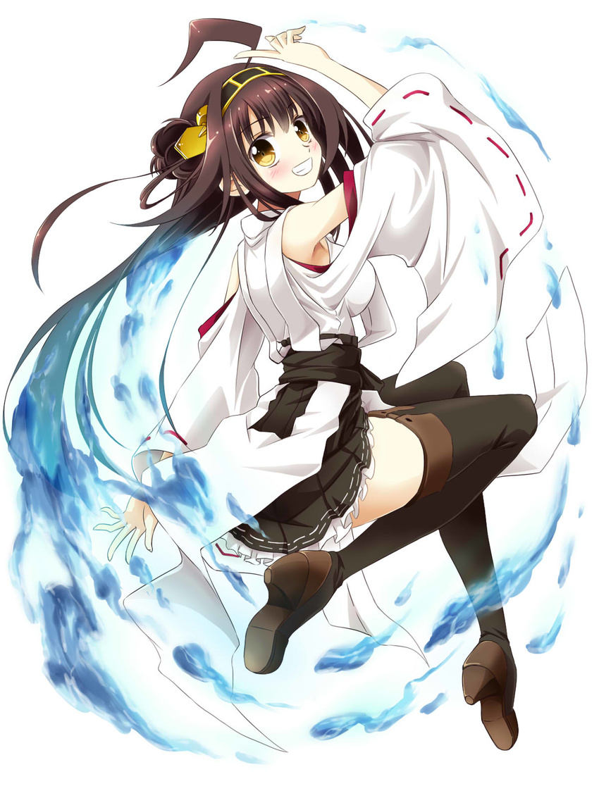 ahoge bare_shoulders blush boots brown_hair detached_sleeves double_bun hair_ornament hairband headgear highres japanese_clothes kantai_collection khnchak kongou_(kantai_collection) long_hair looking_at_viewer open_mouth skirt smile solo thigh_boots thighhighs wide_sleeves zettai_ryouiki