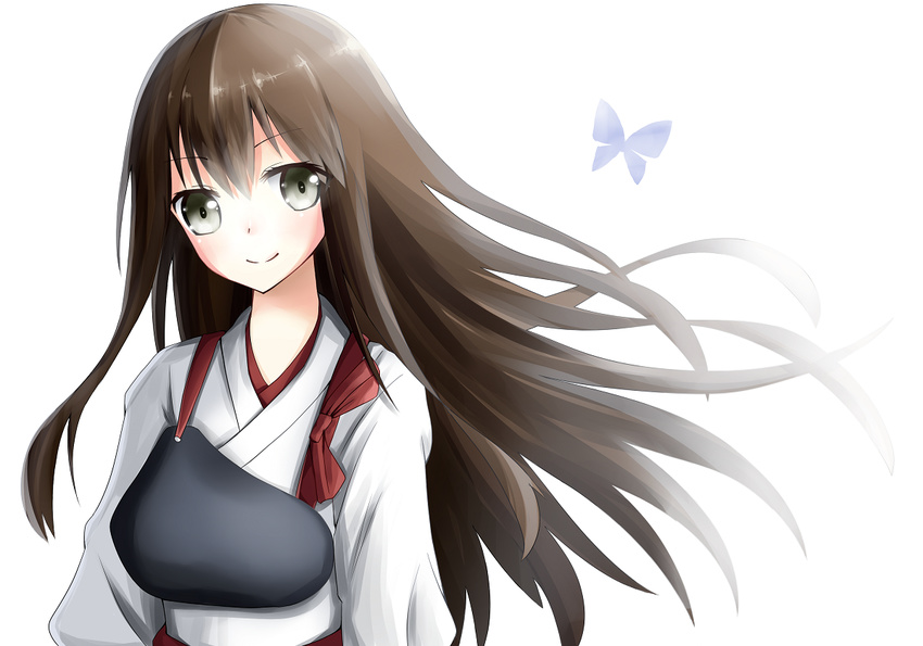 aa_(sin2324) akagi_(kantai_collection) bad_id bad_pixiv_id brown_eyes brown_hair bug butterfly insect japanese_clothes kantai_collection long_hair looking_at_viewer muneate solo white_background