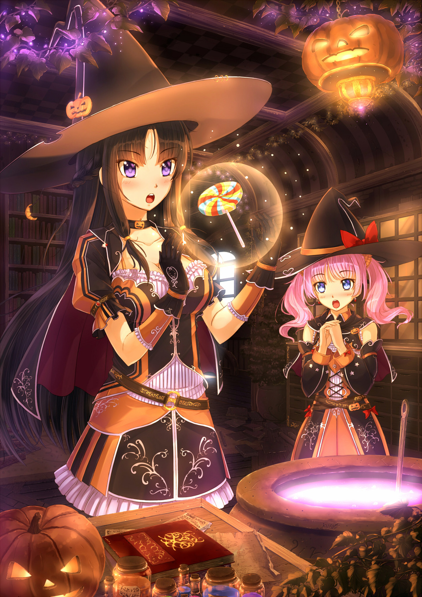 black_hair blue_eyes candy food halloween hat highres jack-o'-lantern kazeno lollipop long_hair multiple_girls original pink_hair purple_eyes twintails witch_hat