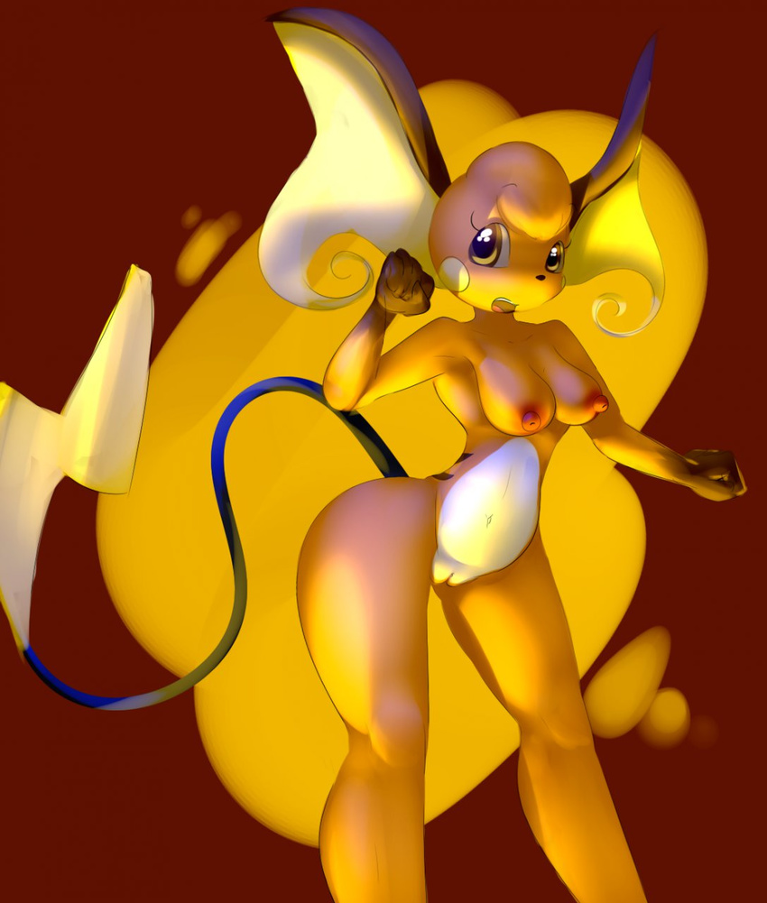 5_fingers anthro anthrofied armpits breasts brown_fur brown_nose elpatrixf female fist hi_res looking_at_viewer mouse navel nintendo nipples nude open_mouth orange_fur plain_background pok&eacute;mon pussy raichu raised_arm rodent shadow shiny solo standing teeth video_games white_fur yellow_background yellow_eyes