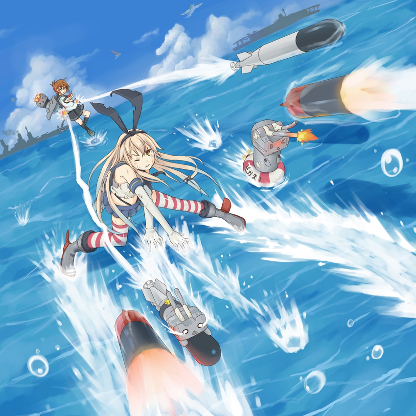 &gt;_&lt; aircraft airplane anchor bandages black_panties blonde_hair boots brown_eyes brown_hair closed_eyes cloud day elbow_gloves explosion folded_ponytail gloves hair_ornament hair_ribbon highres inazuma_(kantai_collection) injury innertube kantai_collection machinery multiple_girls mumyuu navel o_o ocean one_eye_closed outdoors panties rensouhou-chan ribbon shimakaze_(kantai_collection) ship sky striped striped_legwear sweatdrop tears thighhighs torn_clothes torpedo triangle_mouth turret underwear water watercraft yellow_eyes