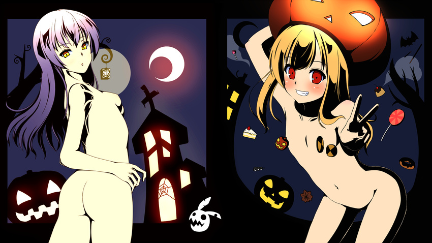 animal ass bat black blonde_hair blush cake candy flat_chest halloween lollipop momyu navel nude original pumpkin red_eyes