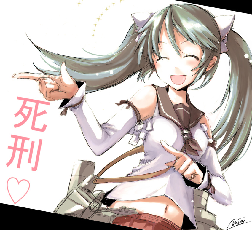 bow closed_eyes derivative_work detached_sleeves gaki_deka green_hair hair_bow isuzu_(kantai_collection) kantai_collection kuronuko_neero long_hair long_sleeves pointing school_uniform serafuku smile solo translated twintails