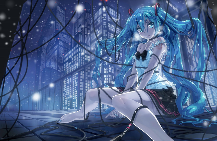 aqua_eyes aqua_hair arm_tattoo bad_id bad_pixiv_id bare_shoulders barefoot black_skirt blue blurry breasts building cable city city_lights cityscape cleavage depth_of_field entangled feet hatsune_miku long_hair looking_at_viewer mx2j_(nsh6394) nail_polish night number_tattoo outdoors perspective pleated_skirt railing sitting skirt skyscraper small_breasts snowing solo strap_slip tattoo tile_floor tiles toenail_polish toenails twintails unfragment_(vocaloid) very_long_hair vocaloid