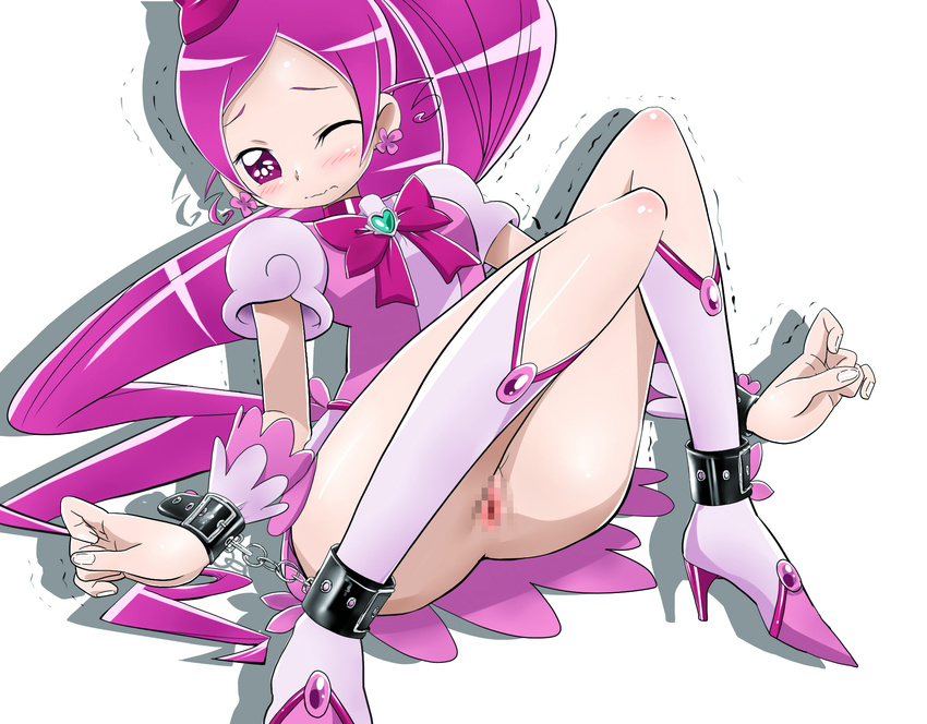 bad_id bad_pixiv_id bdsm boots censored chain choker cure_blossom dress earrings embarrassed hair_ribbon hanasaki_tsubomi heart heartcatch_precure! high_heels highres jewelry knee_boots long_hair magical_girl mosaic_censoring pink_dress pink_eyes pink_hair ponytail precure puffy_sleeves pussy rainys_bill ribbon simple_background solo very_long_hair white_background wrist_cuffs