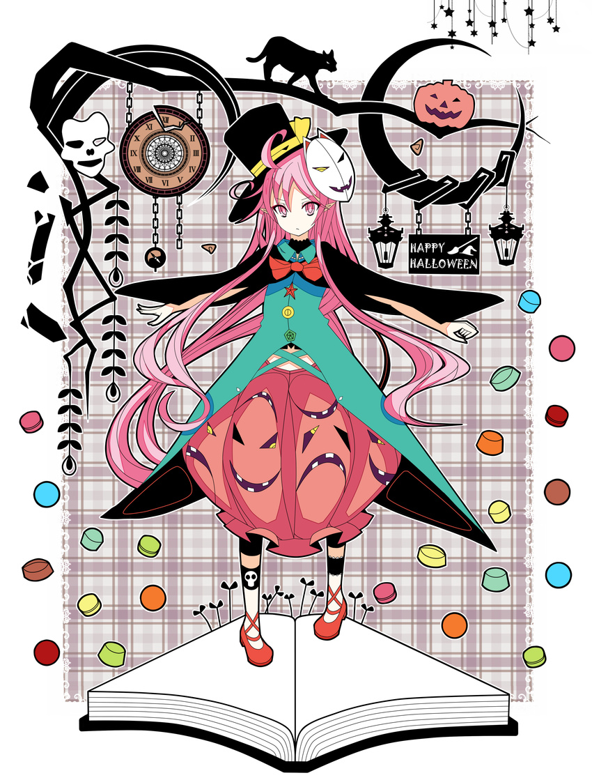 absurdres akiposo2580 bad_id bad_pixiv_id book bow bubble_skirt candy cape cat expressionless face_mask food fox_mask halloween happy_halloween hat hata_no_kokoro highres ideolo_(style) jack-o'-lantern long_hair looking_at_viewer mask parody pink_eyes pink_hair plaid plaid_background pointy_ears shirt skirt skull solo style_parody top_hat touhou very_long_hair