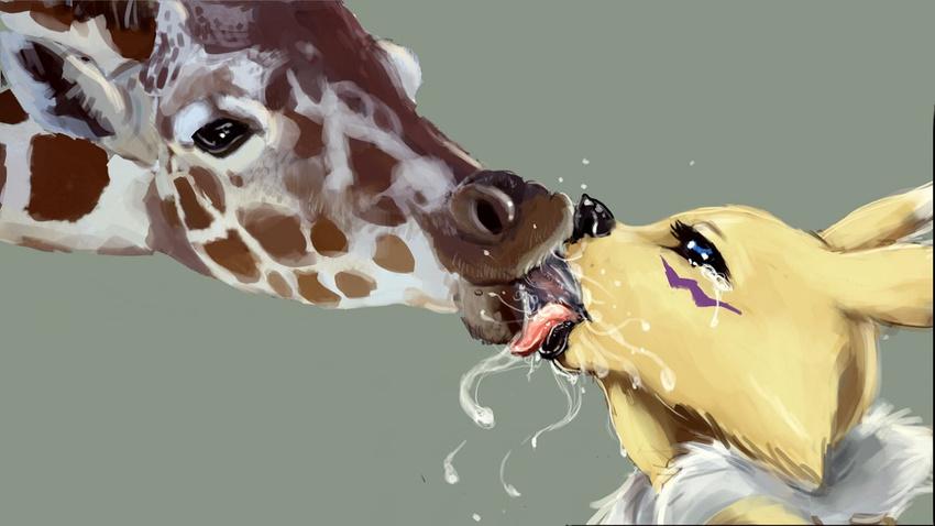 anthro_on_feral bestiality black_eyes black_nose blue_eyes brown_fur brown_nose canine deep_tongue digimon drooling extreme_french_kiss feral fox french_kissing fur giraffe grey_background interspecies kissing looking_up mammal messy open_mouth plain_background purple_fur renamon saliva shadow shiny size_difference tongue tongue_out ungulatr white_fur yellow_fur