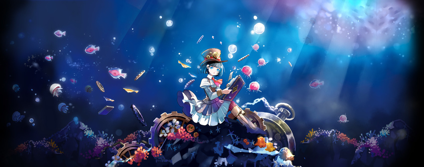 blue_eyes blue_hair book boots bubble coral fish gears hat highres jellyfish original short_hair skirt solo starfish tobi_(kotetsu) underwater water