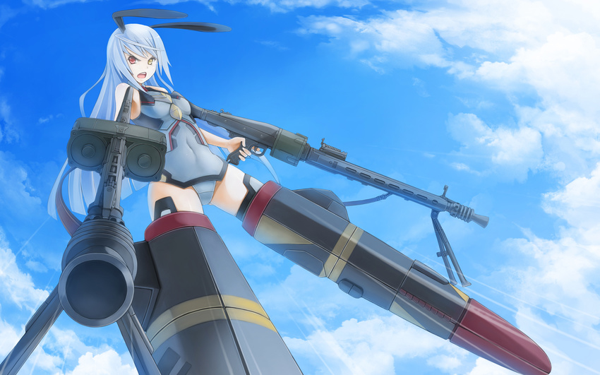 blue_hair cloud day dual_wielding flying from_below gun heterochromia highres holding infinite_stratos laura_bodewig long_hair machine_gun navel non-web_source panties red_eyes sky solo strike_witches striker_unit sunimu underwear weapon world_witches_series yellow_eyes