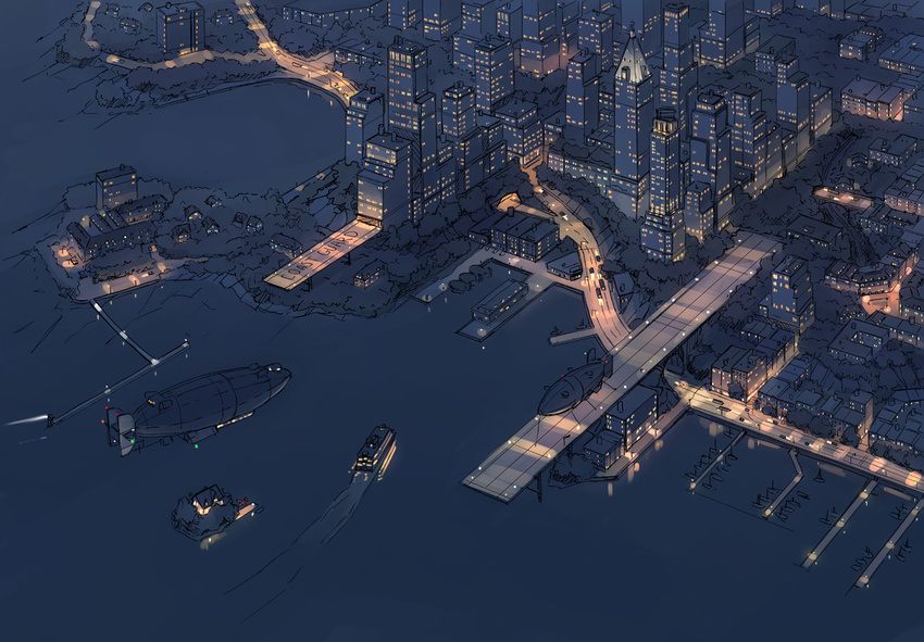 airship boat city cityscape dirigible dock flag ground_vehicle harbor kurenai_no_buta motor_vehicle night no_humans original road savoia_s.21 scenery seo_tatsuya sky street watercraft zeppelin