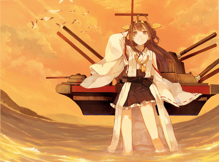 ahoge bird brown_eyes brown_hair cannon cosmic_(crownclowncosmic) flying hair_ornament hand_in_hair japanese_clothes kantai_collection kongou_(kantai_collection) long_hair long_sleeves ocean red_sky sash seagull shirt skirt sky smile solo wading water wide_sleeves