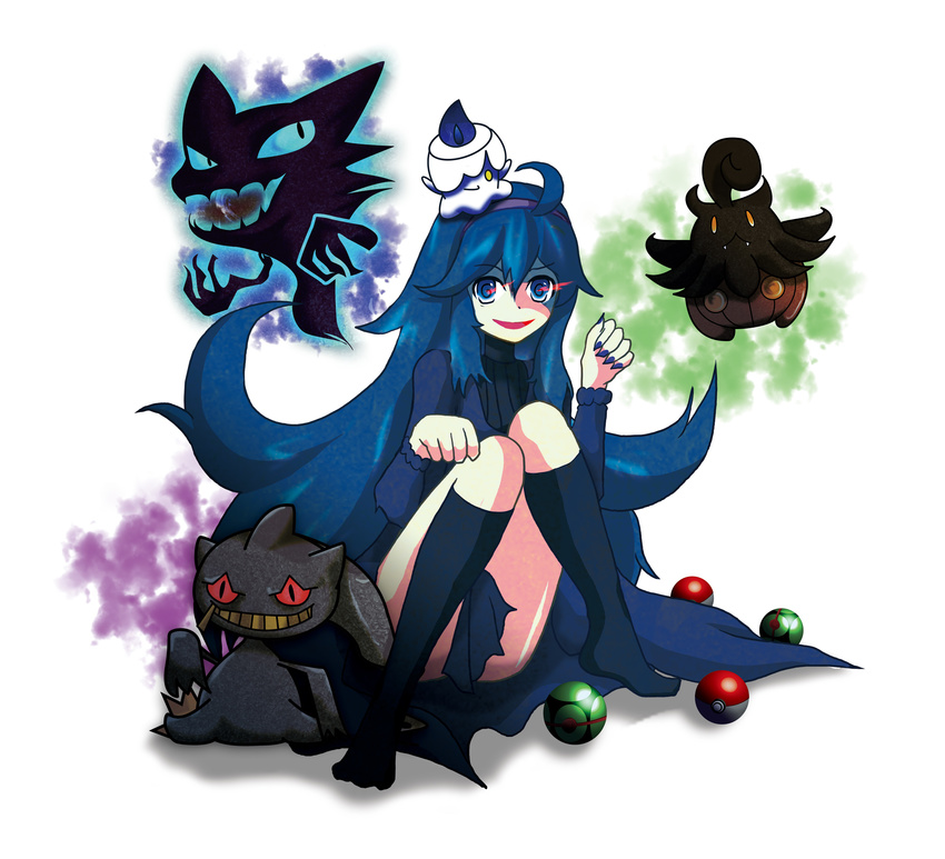 @_@ ahoge banette blue_eyes blue_hair gen_1_pokemon gen_3_pokemon gen_5_pokemon gen_6_pokemon glowing glowing_eyes hair_ribbon haunter hex_maniac_(pokemon) highres hondy kneehighs litwick long_hair nail_polish paw_pose poke_ball pokemon pokemon_(creature) pokemon_(game) pokemon_xy pumpkaboo ribbon very_long_hair