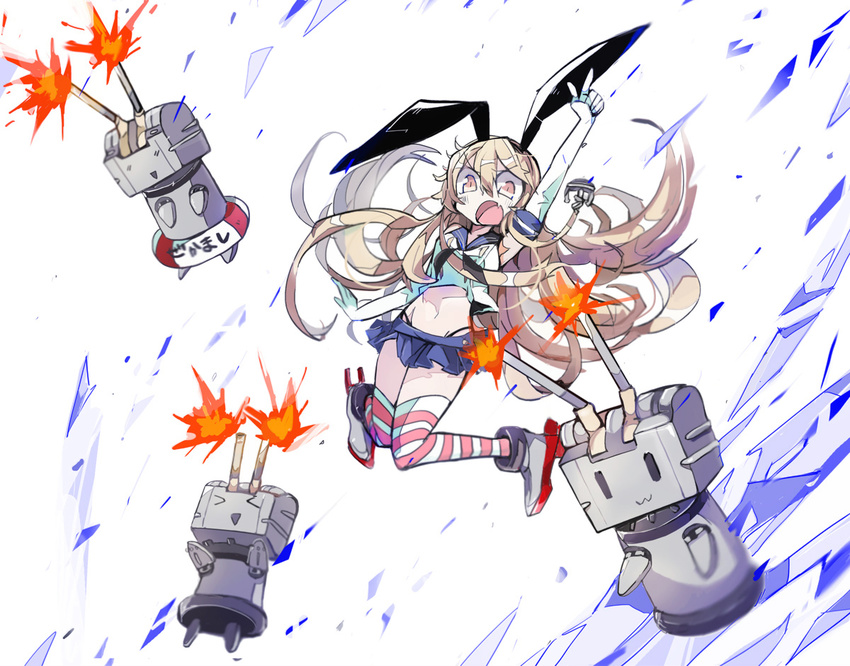 anchor black_panties blonde_hair boots elbow_gloves firing gloves grey_footwear hair_ornament jumping kantai_collection long_hair panties rensouhou-chan shimakaze_(kantai_collection) skirt striped striped_legwear tera thighhighs underwear white_gloves