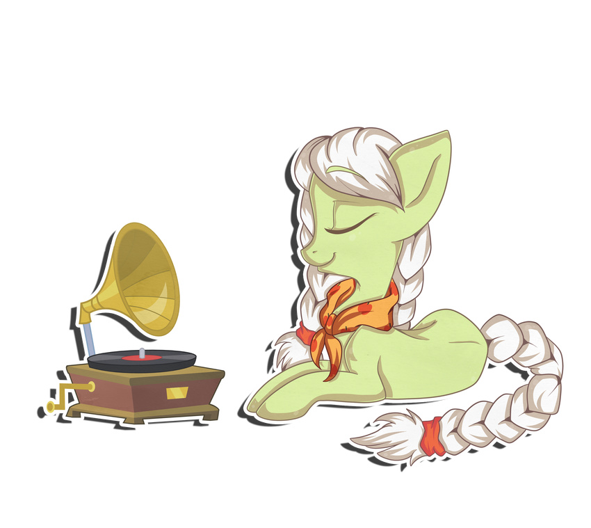 alpha_channel braided_hair equine eyes_closed female feral friendship_is_magic granny_smith_(mlp) grey_hair hair horse mammal my_little_pony plain_background pony record record_player scarf solo sprinklespegasister transparent_background