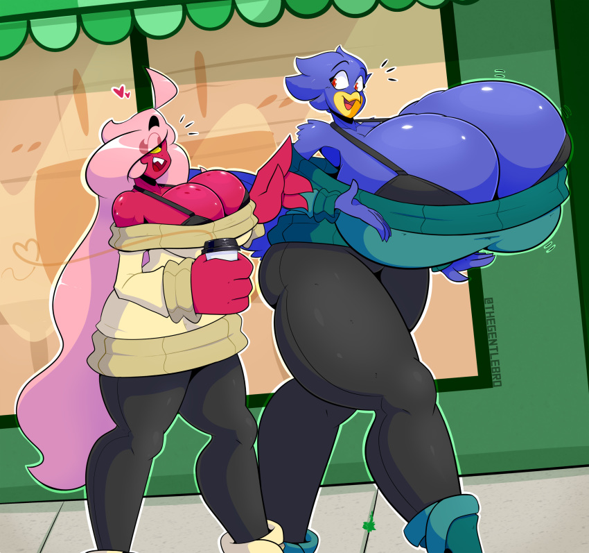 &lt;3 anthro avian bare_shoulder beverage big_breasts bird blue_fur bouncing_breasts bra breasts busty_bird cleavage clothed clothing coffee dialogue dragon duo eye_through_hair eyebrows_visible_through_hair female fur green_topwear hair holding_cup huge_breasts long_hair outside pants pink_hair red_skin sidewalk sweater thegentlebro translucent_hair ugg_boots underwear walking yellow_topwear