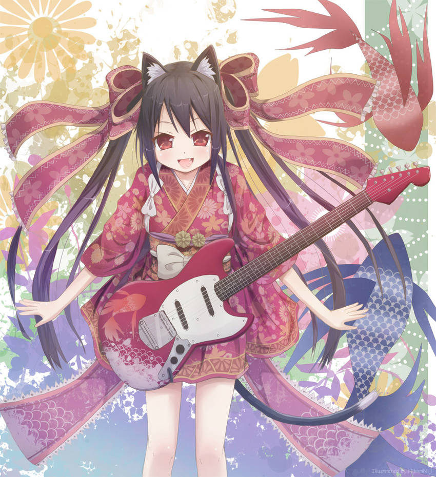 animal_ears black_hair cat_ears fangs guitar highres hikari_niji instrument japanese_clothes k-on! kimono long_hair nakano_azusa red_eyes ribbon tasuki twintails