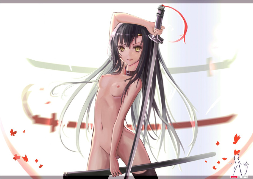 arm_up black_hair black_legwear breasts circlet katana letterboxed long_hair md5_mismatch medium_breasts nipples nude original sheath silhouette solo sword thighhighs wangchuan_de_quanyan weapon yellow_eyes