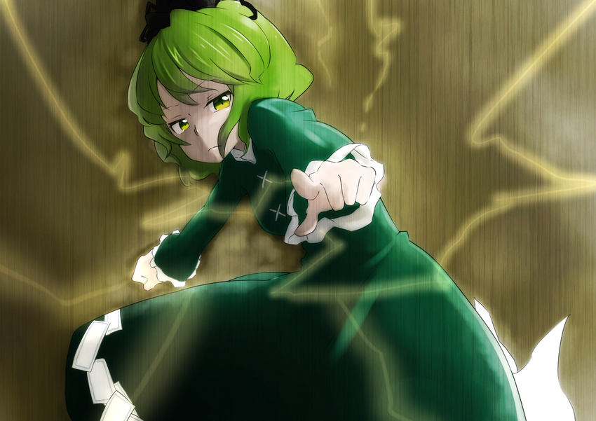 aiming_at_viewer brown_background clenched_hand dress frown ghost_tail green_eyes green_hair hat kameyan lightning long_sleeves outstretched_arm pointing pointing_at_viewer short_hair soga_no_tojiko solo tate_eboshi touhou