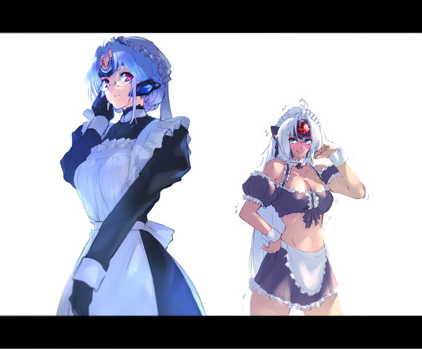 alternate_costume android apron bespectacled blush breasts cleavage dark_skin enmaided glasses gloves hand_on_hip kos-mos kos-mos_ver._3 large_breasts letterboxed maid maid_headdress midriff multiple_girls negresco t-elos trembling wavy_mouth xenosaga