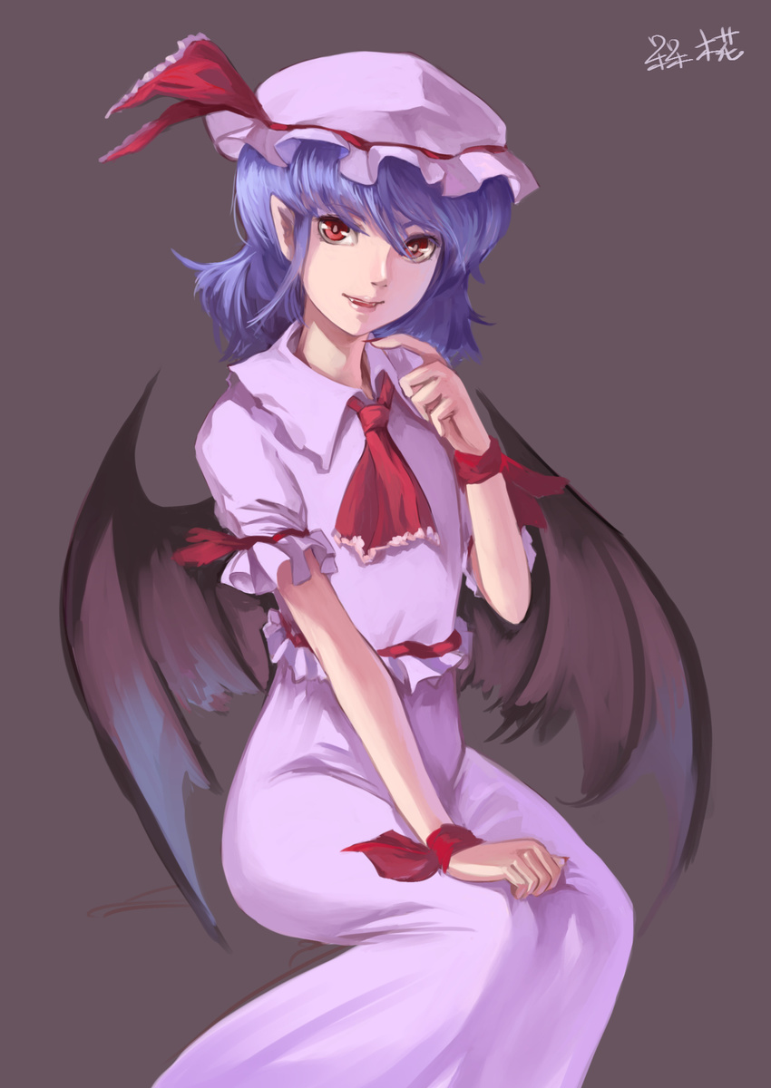 ascot bat_wings blue_hair fangs fingernails grey_background hand_on_lap hand_on_own_knee hand_up hat hat_ribbon highres lips lleu long_fingernails looking_at_viewer mob_cap nail_polish nose parted_lips pointy_ears red_eyes remilia_scarlet ribbon sharp_fingernails short_hair short_sleeves simple_background sitting skirt skirt_set solo touhou wings wrist_ribbon