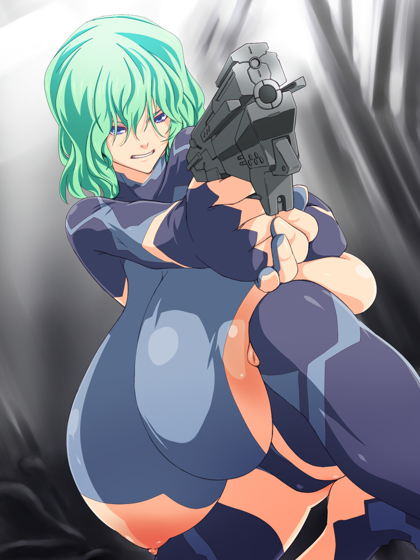 1girl angry blue_eyes bodysuit breasts curvy erect_nipples female formal gigantic_breasts green_hair gun highres knees latex legs mnjs nipples original shiny skin_tight solo suit weapon