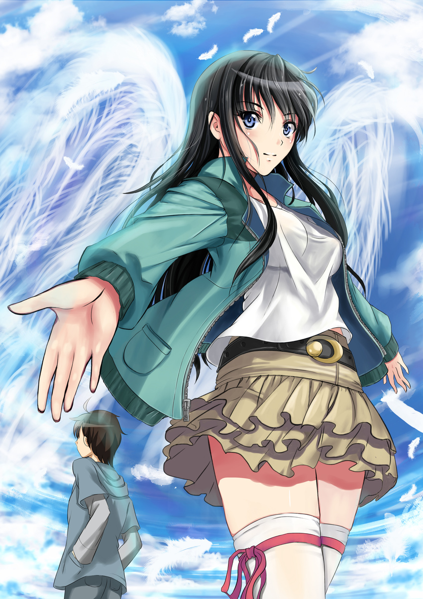 absurdres belt black_hair blue_eyes blue_jacket blue_sky breasts brown_skirt day feathers frills hands_in_pockets highres hood hooded_jacket hoodie jacket layered_skirt long_sleeves looking_at_viewer medium_breasts original outstretched_arms palms pants pocket red_ribbon ribbon shirt skirt sky soyokaze sweater thighhighs unzipped white_feathers white_legwear white_shirt white_wings wings zettai_ryouiki zipper