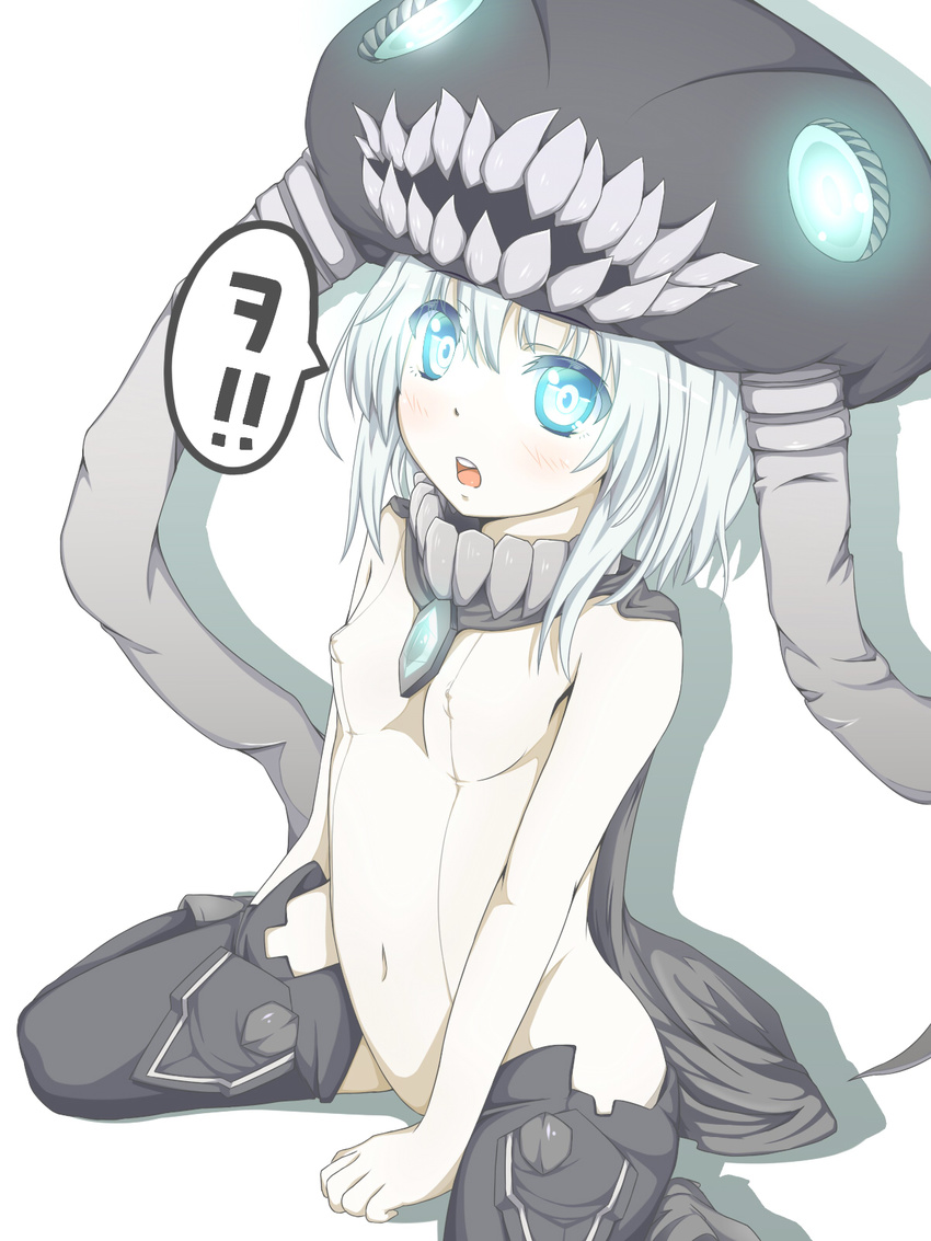 :o ankle_boots bangs between_legs black_legwear blue_eyes blush bodysuit boots breasts cape covered_navel covered_nipples from_side gloves glowing glowing_eyes hand_between_legs hat highres kantai_collection looking_at_viewer monster neon_trim open_mouth pale_skin ryon_(kiririn623) shadow shinkaisei-kan short_hair silver_hair simple_background sitting small_breasts solo speech_bubble spread_legs teeth thighhighs translated turtleneck wariza white_background wo-class_aircraft_carrier