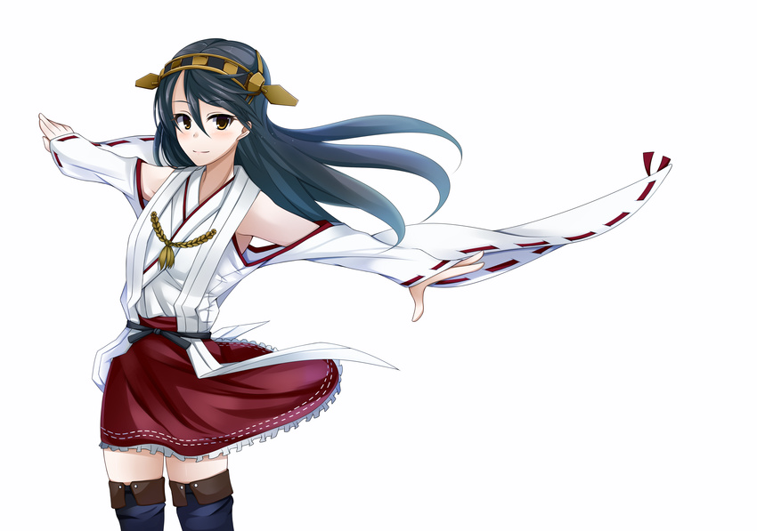 absurdres ahoge bad_id bad_pixiv_id bare_shoulders black_hair black_legwear boots brown_eyes cowboy_shot detached_sleeves hair_ornament hairband haruna_(kantai_collection) headgear highres japanese_clothes kantai_collection kotohane long_hair looking_at_viewer nontraditional_miko pleated_skirt skirt solo thigh_boots thighhighs white_background wide_sleeves zettai_ryouiki