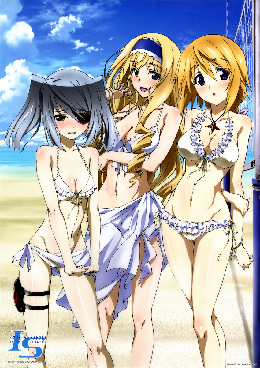 :d absurdres arm_behind_back arms_behind_back artist_request ass_visible_through_thighs bare_shoulders beach bikini blonde_hair blue_eyes blush body_blush breast_hold breasts cecilia_alcott charlotte_dunois cleavage curly_hair day eyepatch frilled_bikini frills front-tie_top groin hand_on_own_arm highres infinite_stratos jewelry large_breasts laura_bodewig long_hair long_legs medium_breasts multiple_girls navel official_art open_mouth pendant purple_eyes red_eyes sarong scan silver_hair smile standing swimsuit thigh_strap twintails very_long_hair volleyball_net white_bikini white_sarong wristband