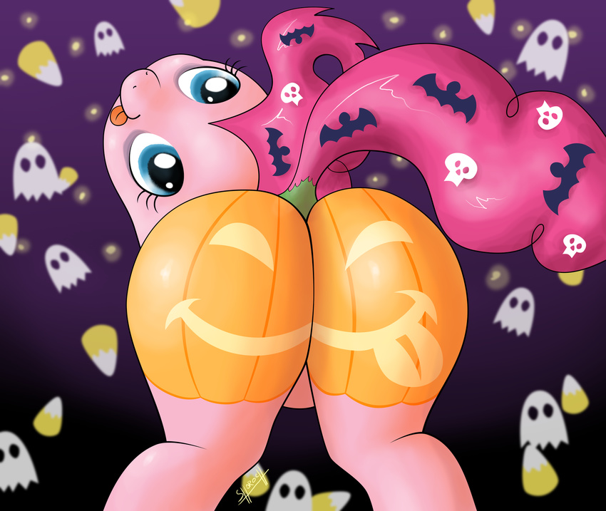 blue_eyes butt equine female feral friendship_is_magic hair halloween holidays horse looking_at_viewer looking_back mammal my_little_pony pink_hair pinkie_pie_(mlp) pony shoroch signature solo tongue tongue_out