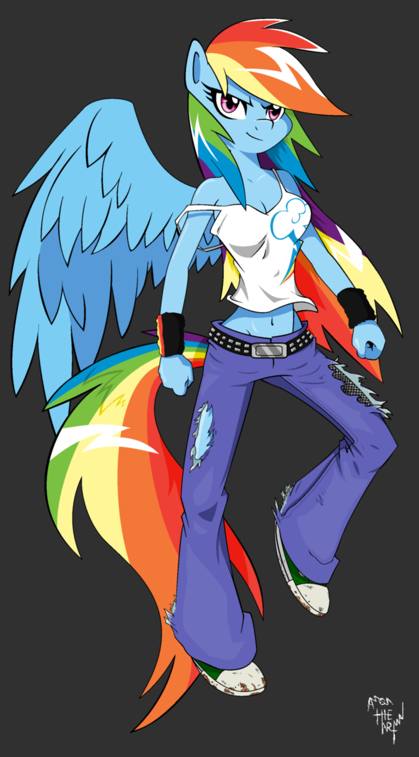 amostheartman anthro anthrofied armband belt cleavage clothed clothing equine female friendship_is_magic horse jeans mammal mud my_little_pony pegasus pony purple_eyes rainbow_dash_(mlp) shirt sneakers solo tank_top vest wings