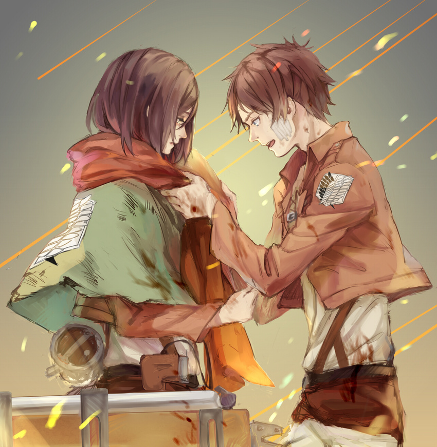 1girl bad_id bad_pixiv_id bandage_on_face black_hair brown_hair cape emblem eren_yeager highres jacket mikasa_ackerman paradis_military_uniform scarf shingeki_no_kyojin short_hair survey_corps_(emblem) three-dimensional_maneuver_gear yuukaku