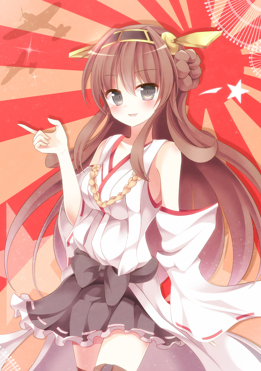 aibumi bad_id bad_pixiv_id bare_shoulders blush boots brown_hair detached_sleeves double_bun hair_ornament hairband headgear highres japanese_clothes kantai_collection kongou_(kantai_collection) long_hair looking_at_viewer open_mouth rising_sun skirt smile solo sunburst thigh_boots thighhighs wide_sleeves zettai_ryouiki