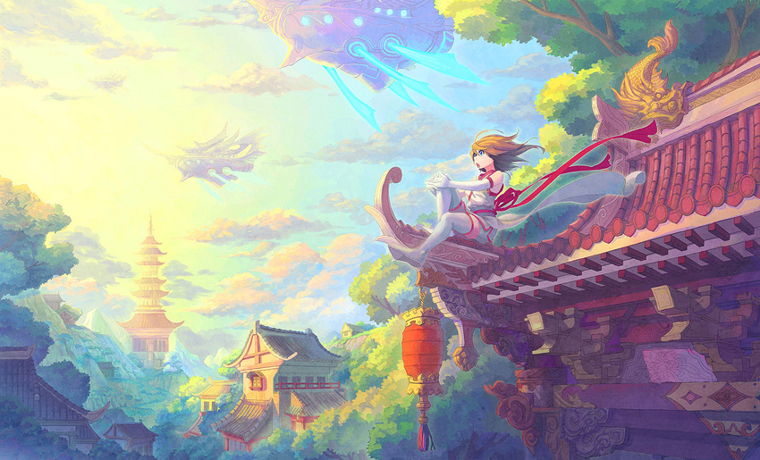 aircraft blue_eyes brown_hair building cloud day detached_sleeves dragon fantasy forest hand_on_own_knee house lantern long_sleeves nature open_mouth original outdoors pagoda peahong plant ribbon rooftop short_hair sitting thighhighs tree wind wrist_cuffs