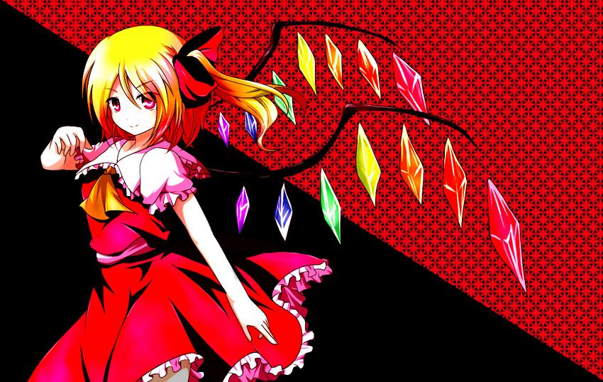 ascot black_background blonde_hair flandre_scarlet hair_ribbon hand_up looking_at_viewer no_hat no_headwear puffy_short_sleeves puffy_sleeves red_background red_eyes ribbon shippou_(pattern) short_sleeves side_ponytail simple_background skirt skirt_set smile solo takojiru touhou wings