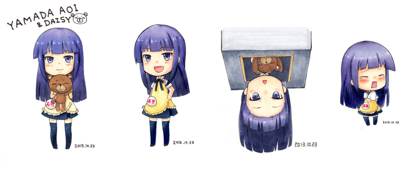 apron badge bangs black_legwear blunt_bangs character_name chibi closed_eyes crying daisy_(working!!) full_body handkerchief hands_on_hips hime_cut long_hair multiple_views open_mouth purple_eyes purple_hair simple_background skirt standing stuffed_animal stuffed_toy tears teddy_bear thighhighs tio_(pearschool12) tsurime upside-down waitress white_background working!! yamada_aoi zettai_ryouiki