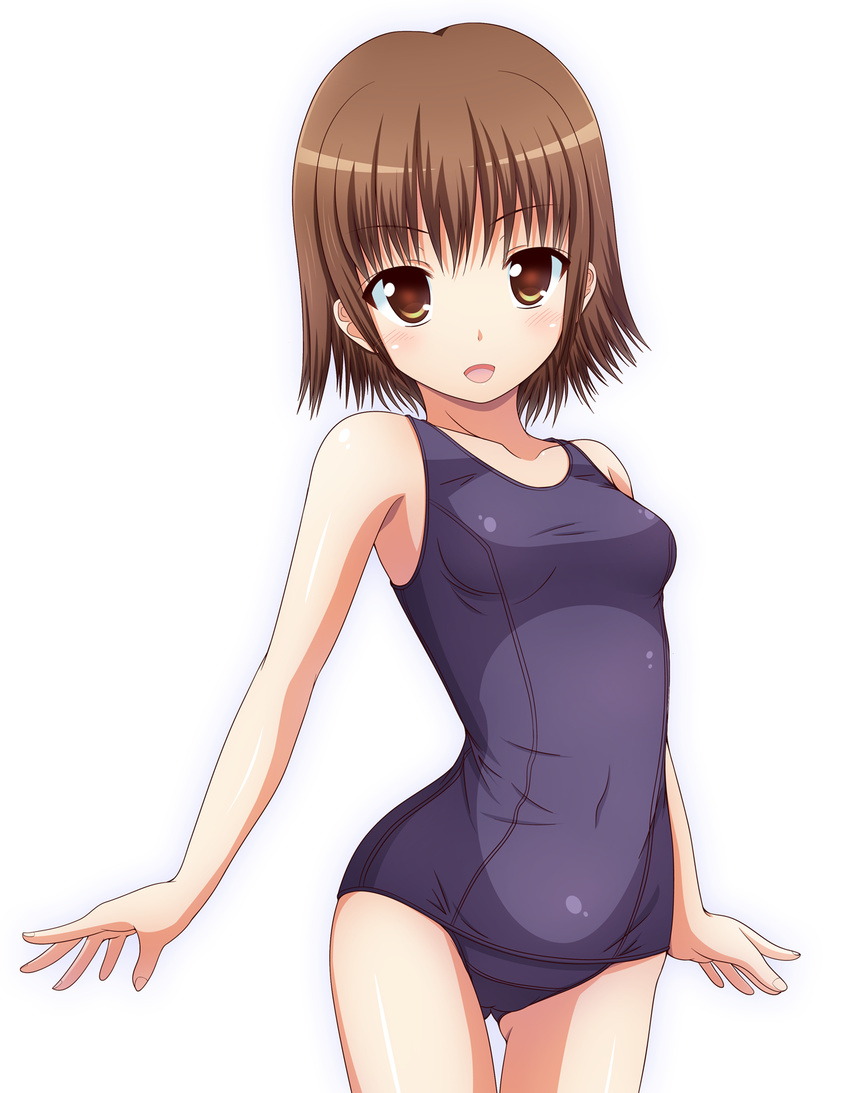 bangs bare_arms bare_shoulders blush breasts brown_eyes brown_hair collarbone covered_navel cowboy_shot eyebrows_visible_through_hair highres ki_(kk-sk-ray) looking_at_viewer one-piece_swimsuit open_mouth original school_swimsuit short_hair simple_background small_breasts smile solo swimsuit white_background