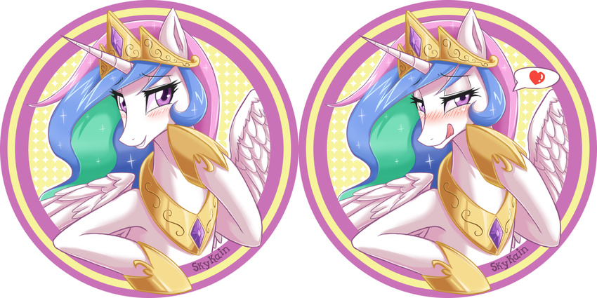 &lt;3 blush crown equine female feral flirt flirting friendship_is_magic gold hair horn horse licking licking_lips looking_at_viewer mammal multi-colored_hair my_little_pony necklace pony princess_celestia_(mlp) purple_eyes skykain sparkles tongue tongue_out winged_unicorn wings