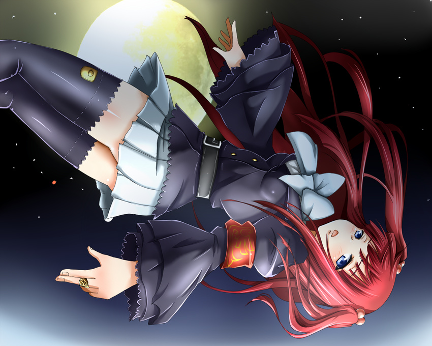 black_legwear blue_eyes blush chaba_(cyazuke) full_moon hair_bobbles hair_ornament highres jewelry looking_at_viewer moon night open_mouth red_hair ring shiny shiny_skin skirt solo thighhighs two_side_up umineko_no_naku_koro_ni ushiromiya_ange zettai_ryouiki