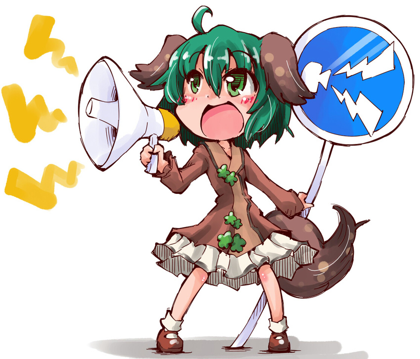 animal_ears brown_dress dress green_eyes green_hair kasodani_kyouko long_sleeves megaphone open_mouth road_sign screaming shinapuu sign simple_background solo tail touhou white_background