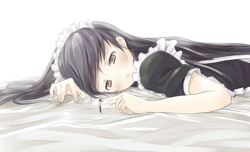 1girl bad_id bad_pixiv_id black_hair blush brown_eyes giantess hachimitsu_(hachimitsu_pot) jpeg_artifacts long_hair lying maid maid_headdress miniboy open_mouth original size_difference white_background