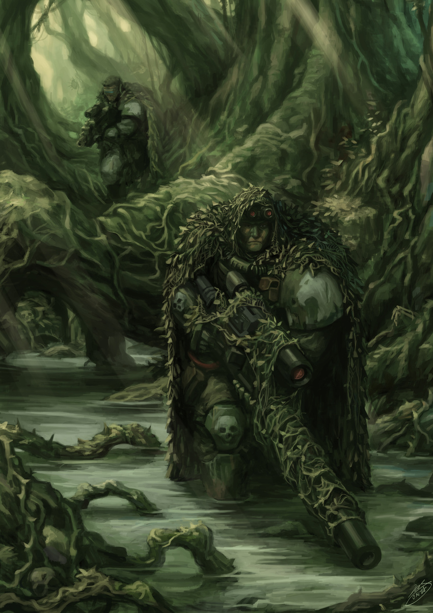 adeptus_astartes armor camouflage goggles gun highres jungle male_focus metal_gloves multiple_boys nature okita pauldrons rifle river roots science_fiction scope skull sniper sniper_rifle sunlight tree wading warhammer_40k weapon