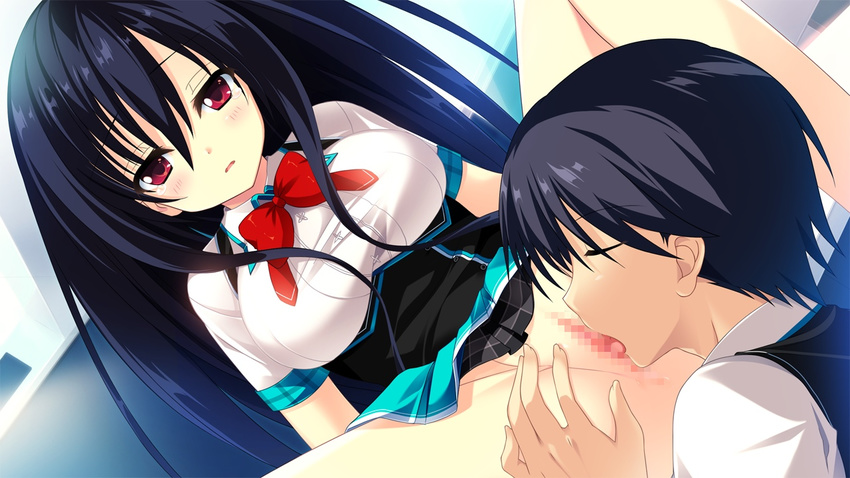 1boy 1girl artist_request black_hair blush censored character_request cocoro@function! cunnilingus game_cg hayami_asagao hinata_momo indoors oral pussy red_eyes school_uniform skirt source_request spread_legs